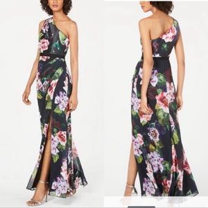 NWT ADRIANNA PAPELL Black Sleeveless Floral One shoulder Maxi Sheath Dress Sz 8